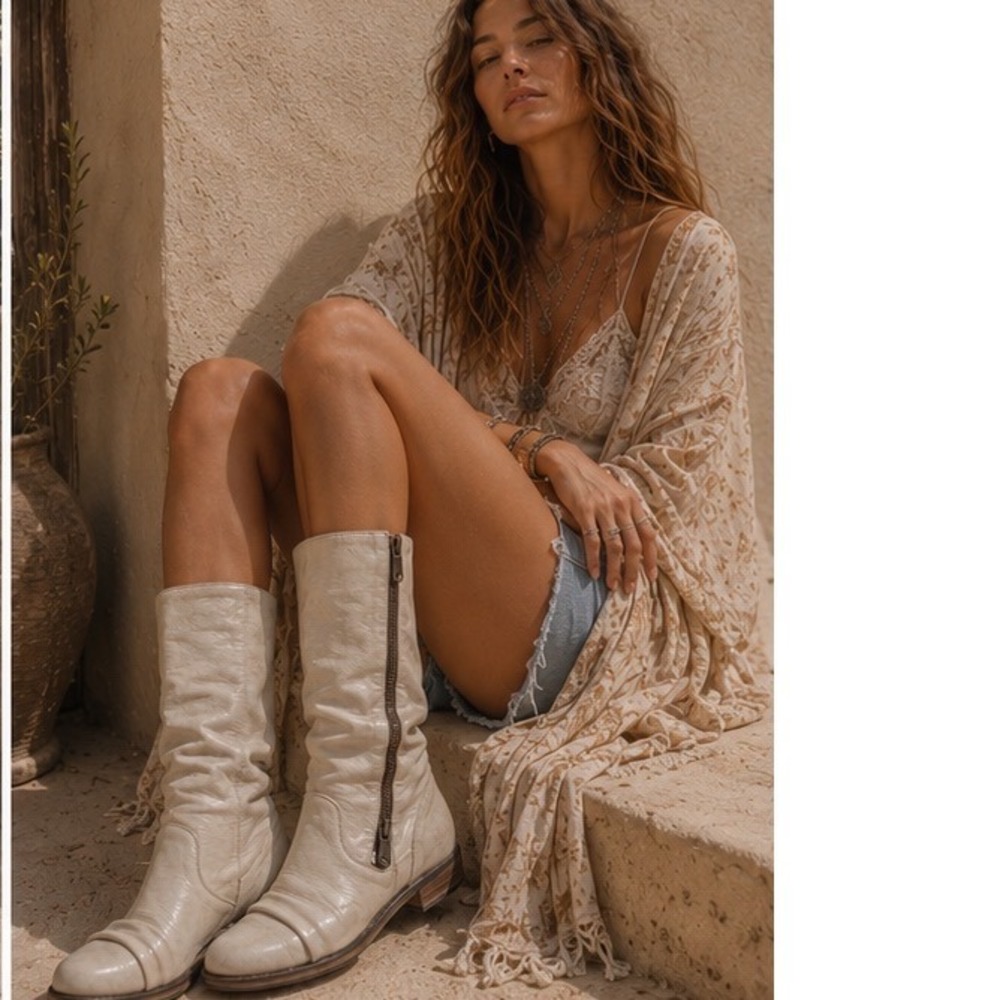 Steve Madden Linderr Cream Leather Tall Slouchy Boots Bone Off White Boho - Picture 3 of 15
